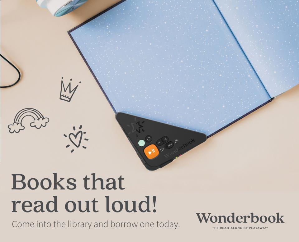 Open blue book with electronic corner, doodles around. Text: "Books that read out loud!"